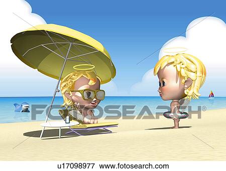 Angels on Beach, CG, 3D, Illustration, Side View View Large Illustration Stock Illustration - Angels on Beach, CG, 3D, Illustration, Side View. Fotosearch