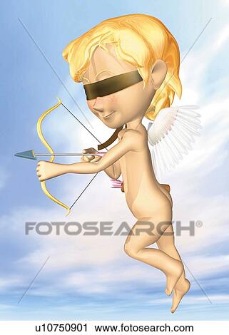Blindfolded angel drawing a bow, CG, 3D, Illustration, Side View View Large Illustration Clip Art - Blindfolded angel drawing a bow, CG, 3D, Illustration, Side View. Fotosearch