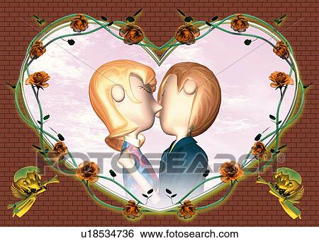 Stock Illustration - Couple kissing, CG, 3D, Illustration, Side View. Fotosearch
