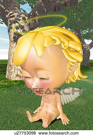 Depressed Angel, CG, 3D, Illustration, High Angle View View Large Illustration Stock Illustration - Depressed Angel, CG, 3D, Illustration, High Angle View. Fotosearch