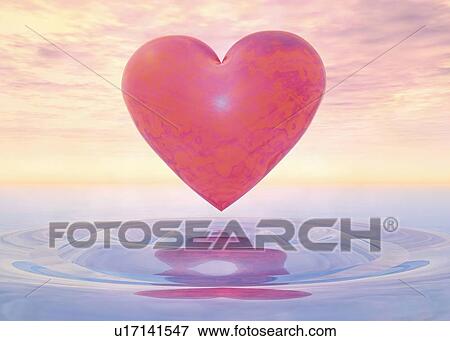 Glossy heart floating on water, CG, 3D, Illustration, Low Angle View View Large Illustration Stock Illustration - Glossy heart floating on water, CG, 3D, Illustration, Low Angle View. Fotosearch