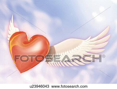 Drawing - Glossy Heart with Wings, CG, 3D, Illustration, Close Up. Fotosearch