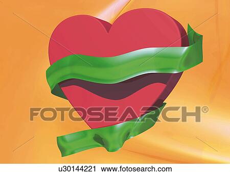 Heart with Ribbon, CG, 3D, Illustration, Close Up View Large Illustration Clip Art - Heart with Ribbon, CG, 3D, Illustration, Close Up. Fotosearch