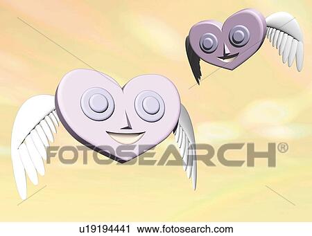 Clip Art - Heart with Wings, CG, 3D, Illustration, Low Angle View. Fotosearch