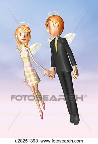 Drawing - Man and woman with angel's wings flying, CG, 3D, Illustration, Low Angle View. Fotosearch