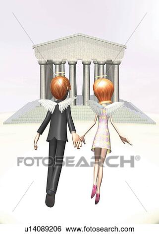 Stock Illustration - Man and woman with wings flying, CG, 3D, Illustration, Rear View. Fotosearch