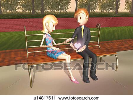 Clip Art - Man giving heart to woman, CG, 3D, Illustration, High Angle View. Fotosearch