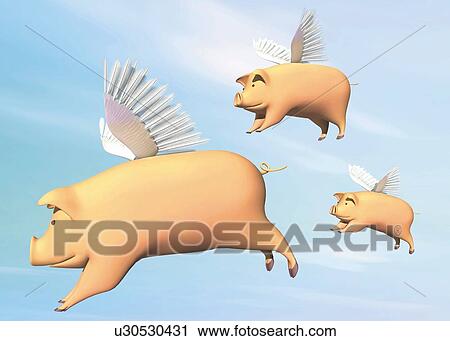 Clip Art - Pigs with wings flying, CG, 3D, Illustration, Low Angle View. Fotosearch