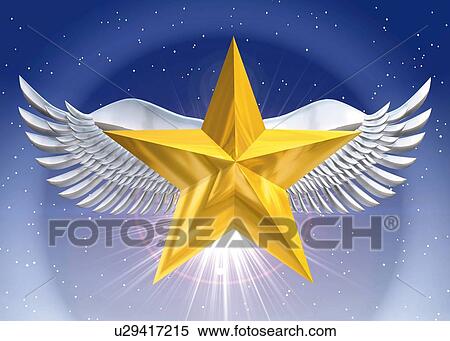 Star with Wings, CG, 3D, Illustration, Close Up, Lens Flare View Large Illustration Stock Illustration - Star with Wings, CG, 3D, Illustration, Close Up, Lens Flare. Fotosearch