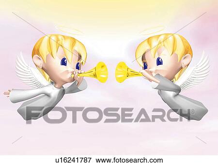 Two angels blowing horns, CG, 3D, Illustration, Side View View Large Illustration Stock Illustration - Two angels blowing horns, CG, 3D, Illustration, Side View. Fotosearch