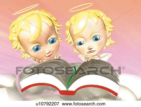 Stock Illustration - Two angels reading a book, CG, 3D, Illustration, Front View. Fotosearch