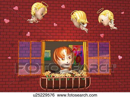 Stock Illustration - Woman and Angels, CG, 3D, Illustration. Fotosearch