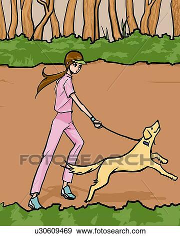 女性が走る で A 犬 サイド光景 Illustrative 技術 イラスト U Fotosearch