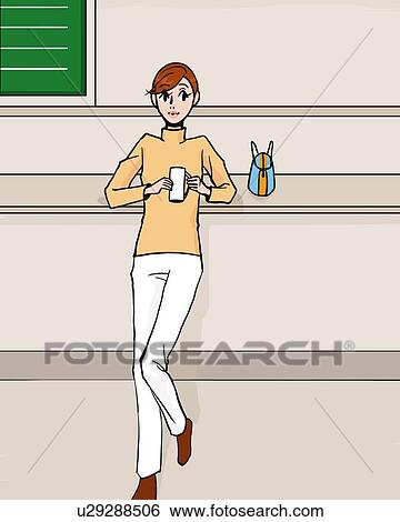 女 傾倒 そして 保有物 A カップ 中に カフェ 正面図 Illustrative 技術 イラスト U Fotosearch