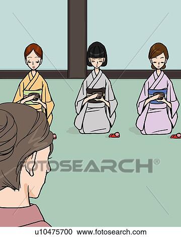 Four women attending Japanese tea ceremony, front view, rear view, Illustrative Technique View Large Illustration Clipart - Four women attending Japanese tea ceremony, front view, rear view, Illustrative Technique. Fotosearch
