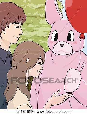 Stock Illustration - Person in rabbit costume passing a balloon to a woman with a man, front view, side view, Illustrative Technique. Fotosearch