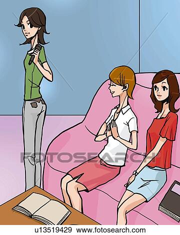 Stock Illustration - Three women enjoying Karaoke, front view, side view, Illustrative Technique. Fotosearch
