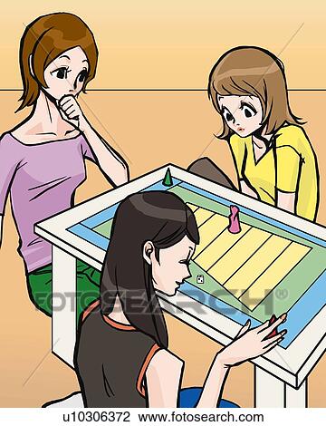 Drawing - Three women sitting on floor and playing a board game, high angle view, Illustrative Technique. Fotosearch