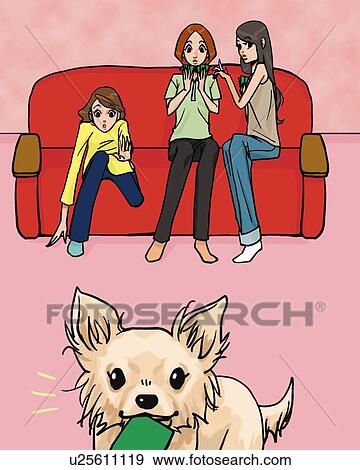 Stock Illustration - Three women sitting on sofa, a dog in foreground, front view, Illustrative Technique. Fotosearch