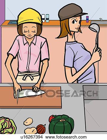 Stock Illustration - Two women cooking in kitchen, front view, side view, Illustrative Technique. Fotosearch