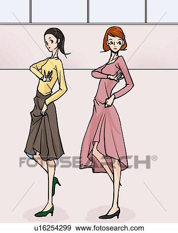Stock Illustration - Two women dancing in class, side view, Illustrative Technique. Fotosearch