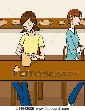 Stock Illustration - Two women in pottery class, front view, side view, Illustrative Technique. Fotosearch