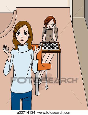Stock Illustration - Two women playing chess, front view, Illustrative Technique. Fotosearch