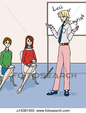 Stock Illustration - Two women sitting and listening to a teacher in English conversation class, front view, Illustrative Technique. Fotosearch