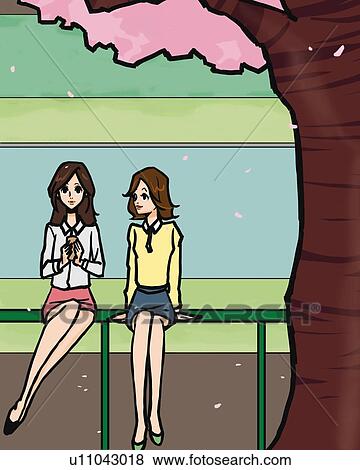 Two women sitting on railing under a cherry tree, front view, Illustrative Technique View Large Illustration Stock Illustration - Two women sitting on railing under a cherry tree, front view, Illustrative Technique. Fotosearch