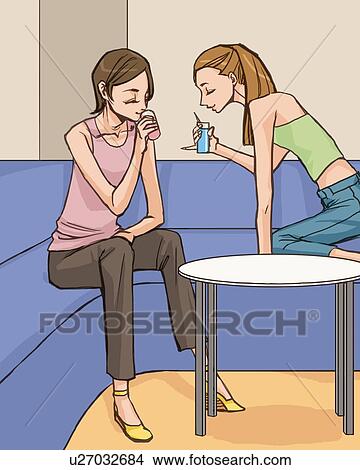 Stock Illustration - Two women sitting on sofa and holding glasses, smiling, front view, side view, Illustrative Technique. Fotosearch