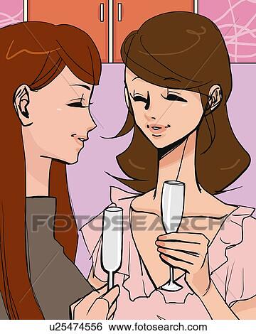 Two women smiling and holding champagne glasses, front view, side view, Illustrative Technique View Large Illustration Stock Illustration - Two women smiling and holding champagne glasses, front view, side view, Illustrative Technique. Fotosearch