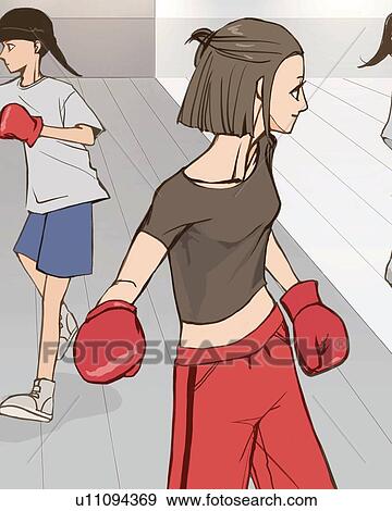 Two women working out in gym, front view, side view, Illustrative Technique View Large Illustration Stock Illustration - Two women working out in gym, front view, side view, Illustrative Technique. Fotosearch