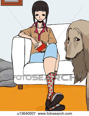 Stock Illustration - Woman and Afghan Hound in living room, woman sitting on sofa, front view, Illustrative Technique. Fotosearch