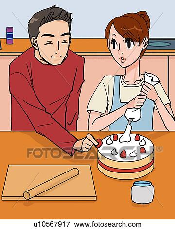 Stock Illustration - Woman and man putting whipped cream and strawberries on cake, front view, Illustrative Technique. Fotosearch