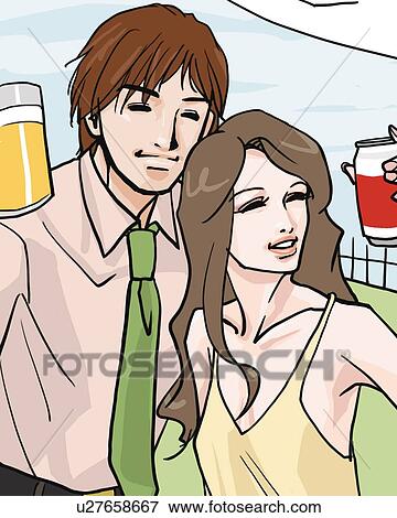 Woman and man smiling and holding drinks, front view, Illustrative Technique View Large Illustration Stock Illustration - Woman and man smiling and holding drinks, front view, Illustrative Technique. Fotosearch
