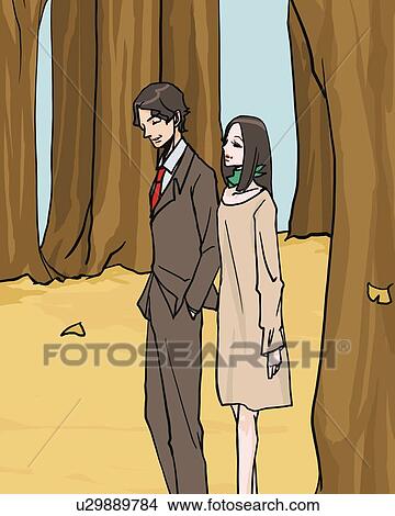 Woman and man walking in woods, side view, Illustrative Technique View Large Illustration Stock Illustration - Woman and man walking in woods, side view, Illustrative Technique. Fotosearch