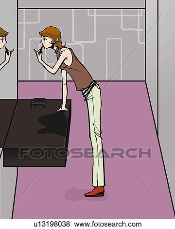 Woman applying lipstick in front of mirror, side view, Illustrative Technique View Large Illustration Stock Illustration - Woman applying lipstick in front of mirror, side view, Illustrative Technique. Fotosearch