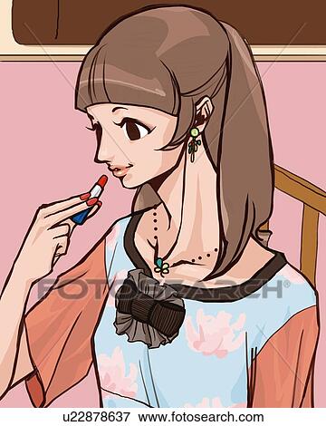 Woman applying lipstick, side view, Illustrative Technique View Large Illustration Stock Illustration - Woman applying lipstick, side view, Illustrative Technique. Fotosearch