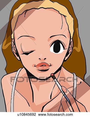 Drawing - Woman applying lipstick, winking, front view, Illustrative Technique. Fotosearch