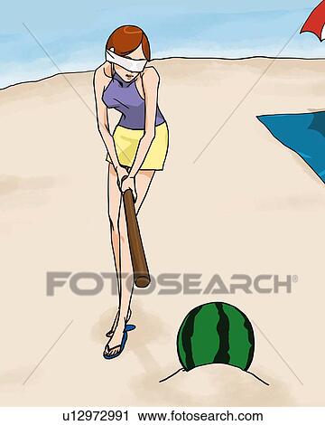 Woman blindfolded holding a wooden stick, trying to split the watermelon on the beach, front view, Illustrative Technique View Large Illustration Clip Art - Woman blindfolded holding a wooden stick, trying to split the watermelon on the beach, front view, Illustrative Technique. Fotosearch