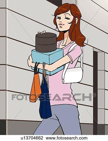 Drawing - Woman carrying purse and shopping bags, front view, Illustrative Technique. Fotosearch