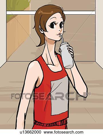 Clipart - Woman drinking a bottle of water, front view, Illustrative Technique. Fotosearch