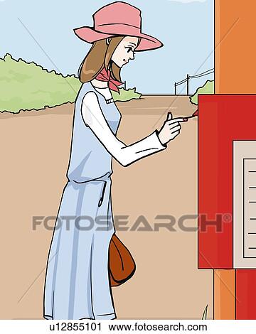 Clip Art - Woman dropping a letter into a post box, side view, Illustrative Technique. Fotosearch
