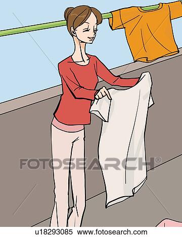 Stock Illustration - Woman hanging the laundries up to dry on deck, side view, Illustrative Technique. Fotosearch