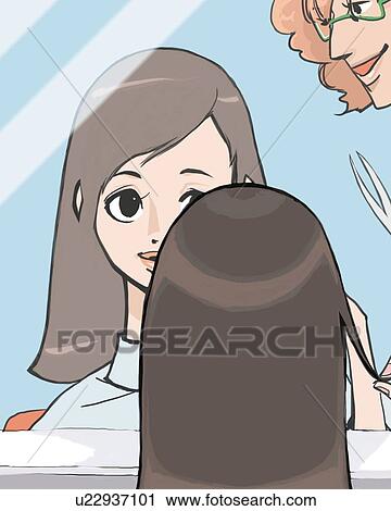 Clip Art - Woman having a haircut, reflection of the mirror, rear view, Illustrative Technique. Fotosearch