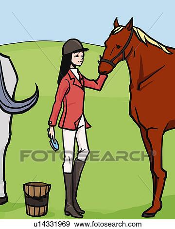Woman holding a brush and stroking a horse, side view, Illustrative Technique View Large Illustration Stock Illustration - Woman holding a brush and stroking a horse, side view, Illustrative Technique. Fotosearch