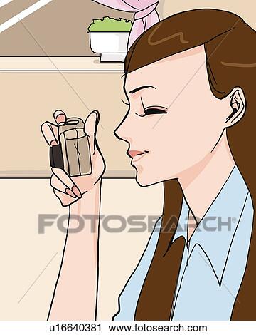 Clip Art - Woman holding a camera, eyes closed, side view, Illustrative Technique. Fotosearch