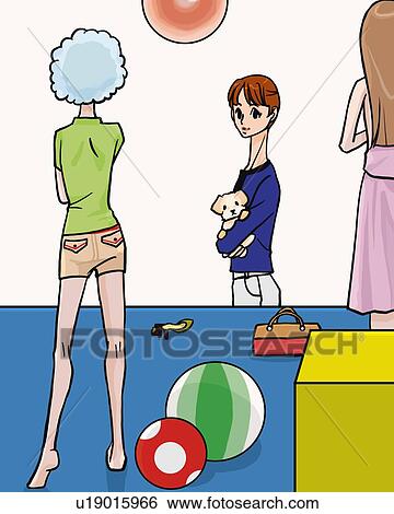 Stock Illustration - Woman holding a dog looking at clothes on mannequins, side view, Illustrative Technique. Fotosearch