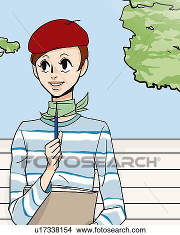 Stock Illustration - Woman holding a sketchbook and a pencil, sitting on bench, front view, Illustrative Technique. Fotosearch