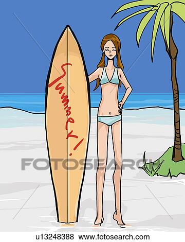 Stock Illustration - Woman holding a surfboard and standing on the beach, front view, Illustrative Technique. Fotosearch